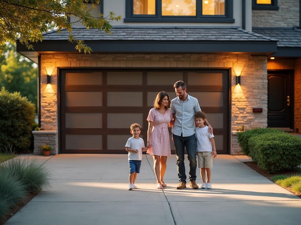 Happy family with children near modern residential garage door with safety features