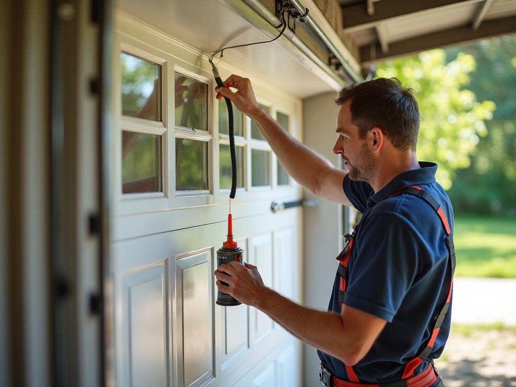 Technician performing summer maintenance on garage door hinges in hot weather