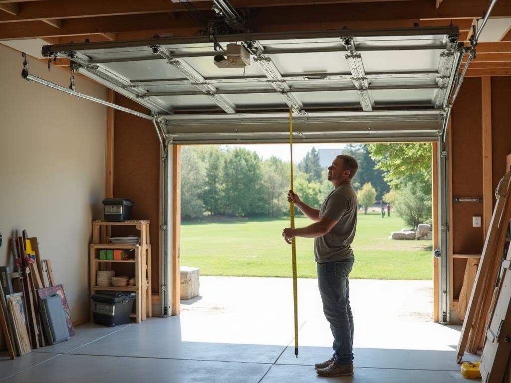 Homeowner measuring garage door opening with tape measure for accurate sizing