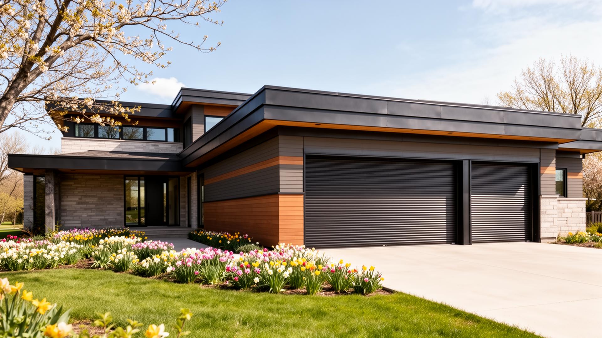 Modern prairie style home with industrial ribbed steel roll-up garage doors in Misenheimer, NC